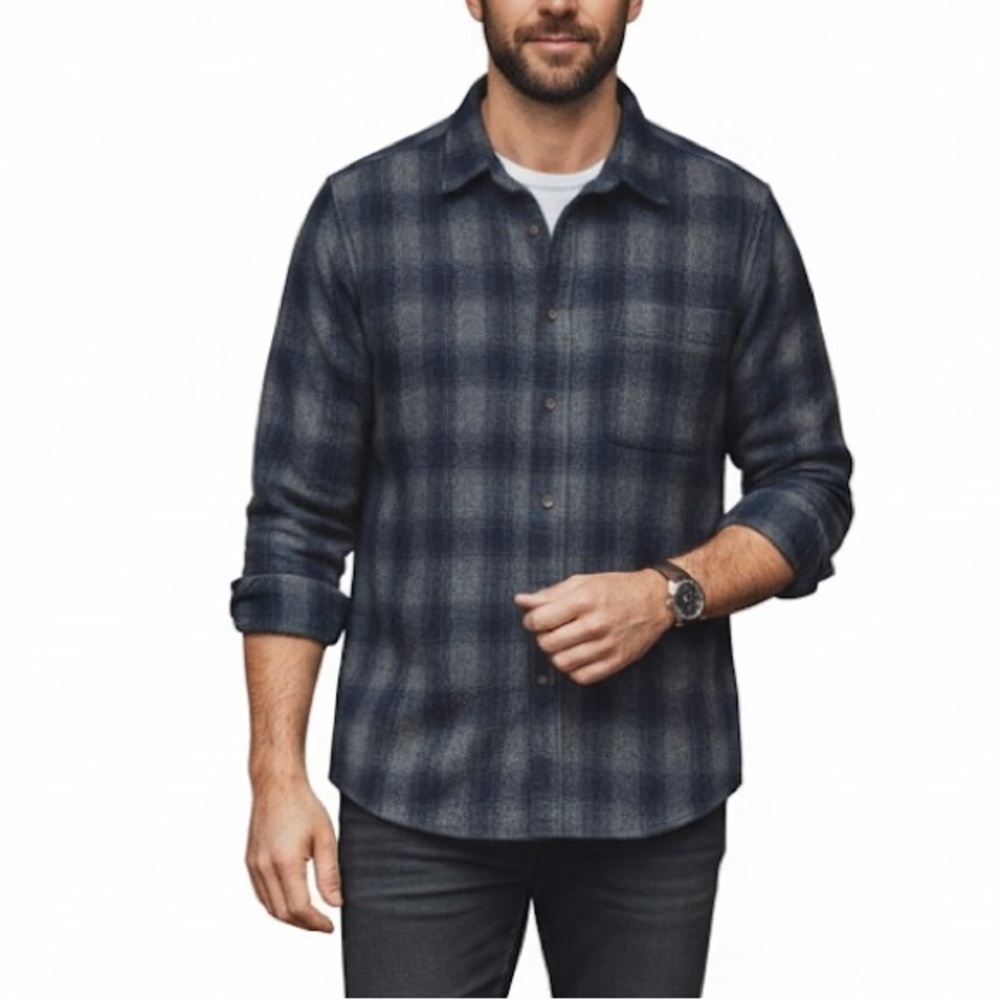 Frank & Oak Men’s Size M Wool Blend Plaid Button Up Shirt Blue Grey